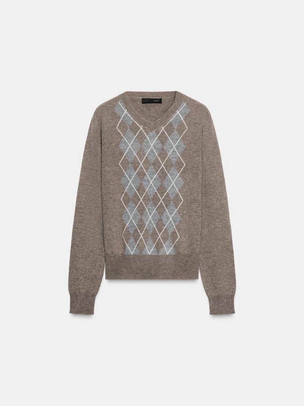 Zara Diamond-Pattern Wool Jumper V-Neck Sweater Pullover Printed Brown